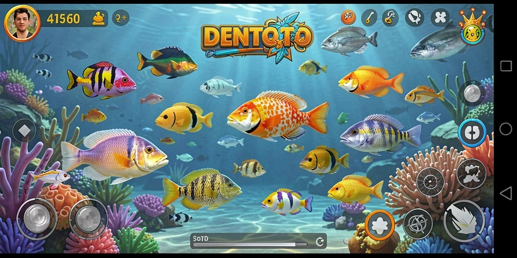 Tangkapan layar DENTOTO menampilkan aksi tembak ikan yang seru.