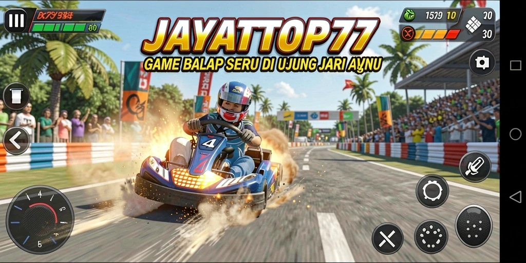 Tampilan gameplay mendebarkan JAYATOP77 dengan mobil balap yang cepat.