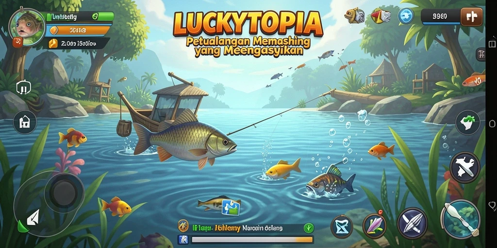 Screenshot utama LUCKYTOPIA menampilkan pemain sedang memancing di danau yang indah.