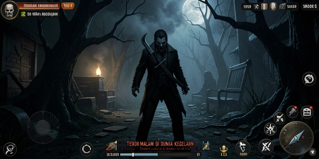 Tangkapan layar gameplay S9S9 menampilkan suasana menyeramkan yang khas.