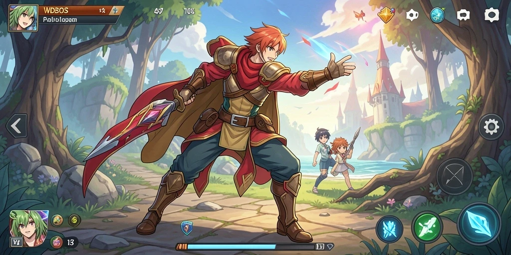 Screenshot utama WDBOS menampilkan karakter anime dalam aksi petualangan.